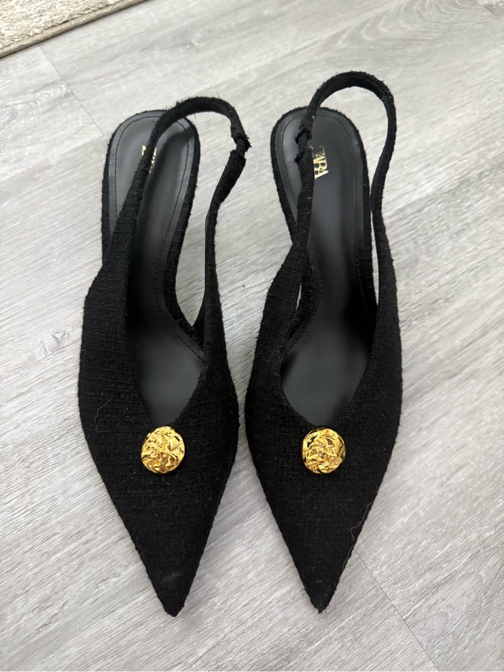 Zara Black Pointed Slingback Flats with Gold Medallions